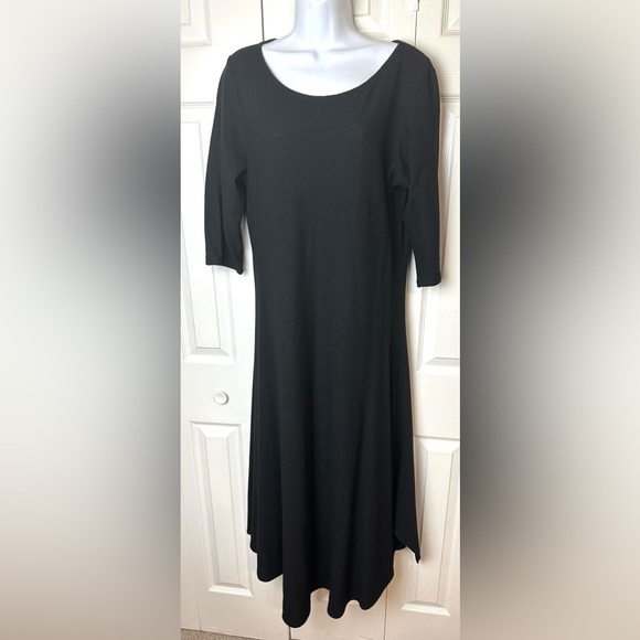 EILEEN FISHER 100% Wool Crepe Midi Dress Black Knit Pullover Handkerchief Hem - Picture 3 of 13